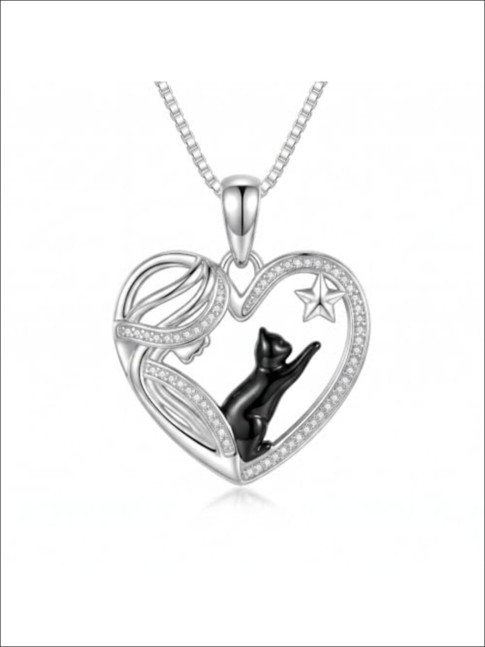 18K White Gold Plated Cat Necklace Heart Pendant Stainless Steel Chain